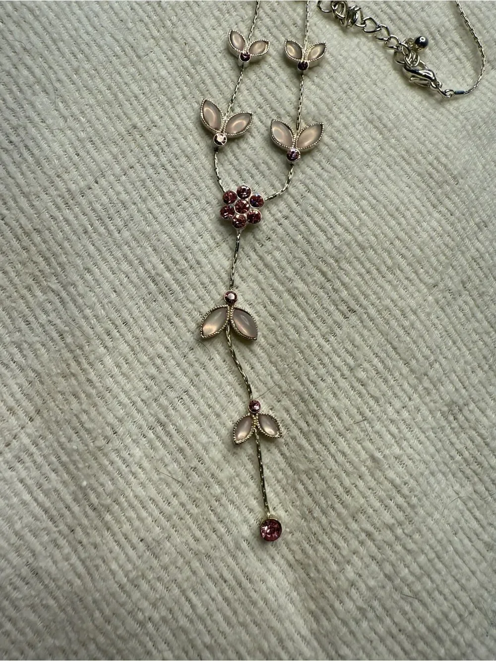 Y2K Pink Sakura Flower and Rhinestone Link Drop Necklace